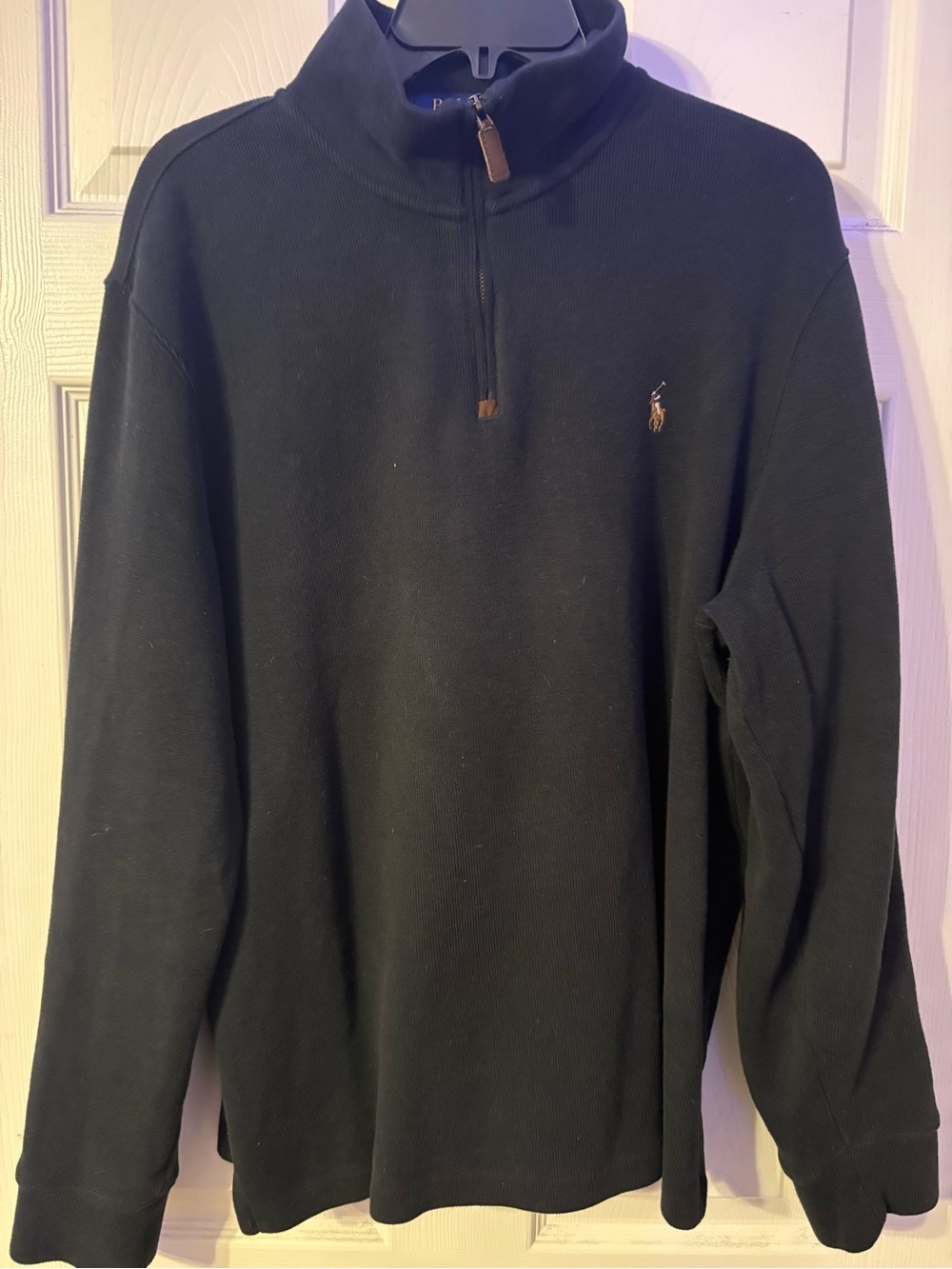 Polo by Ralph Lauren Men’s Black Half-Zip Sweater with Leather Pull